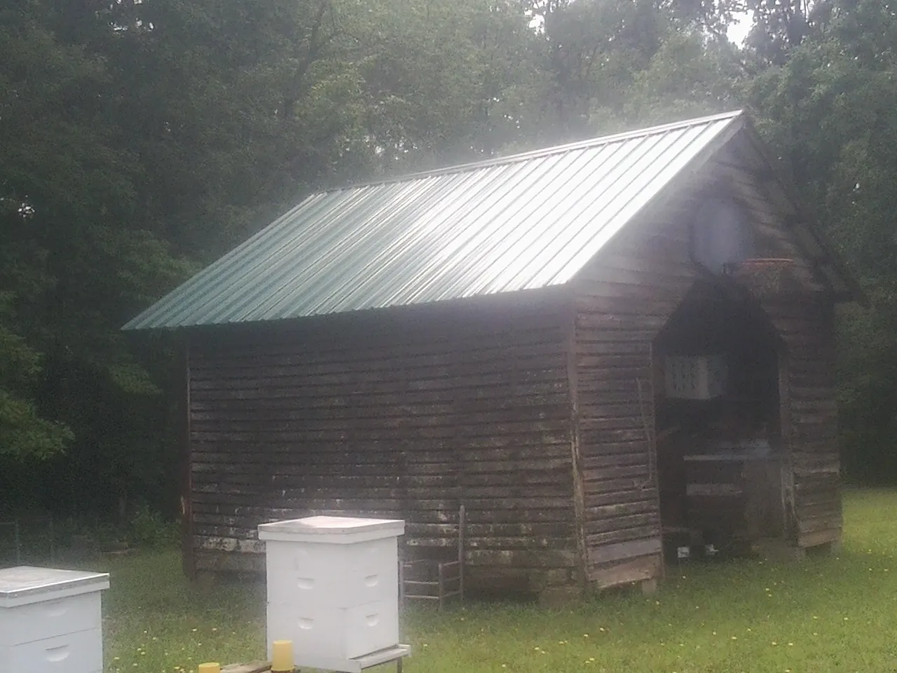 Green metal roof on a weathered barn beside stacked beehives in Hagarville