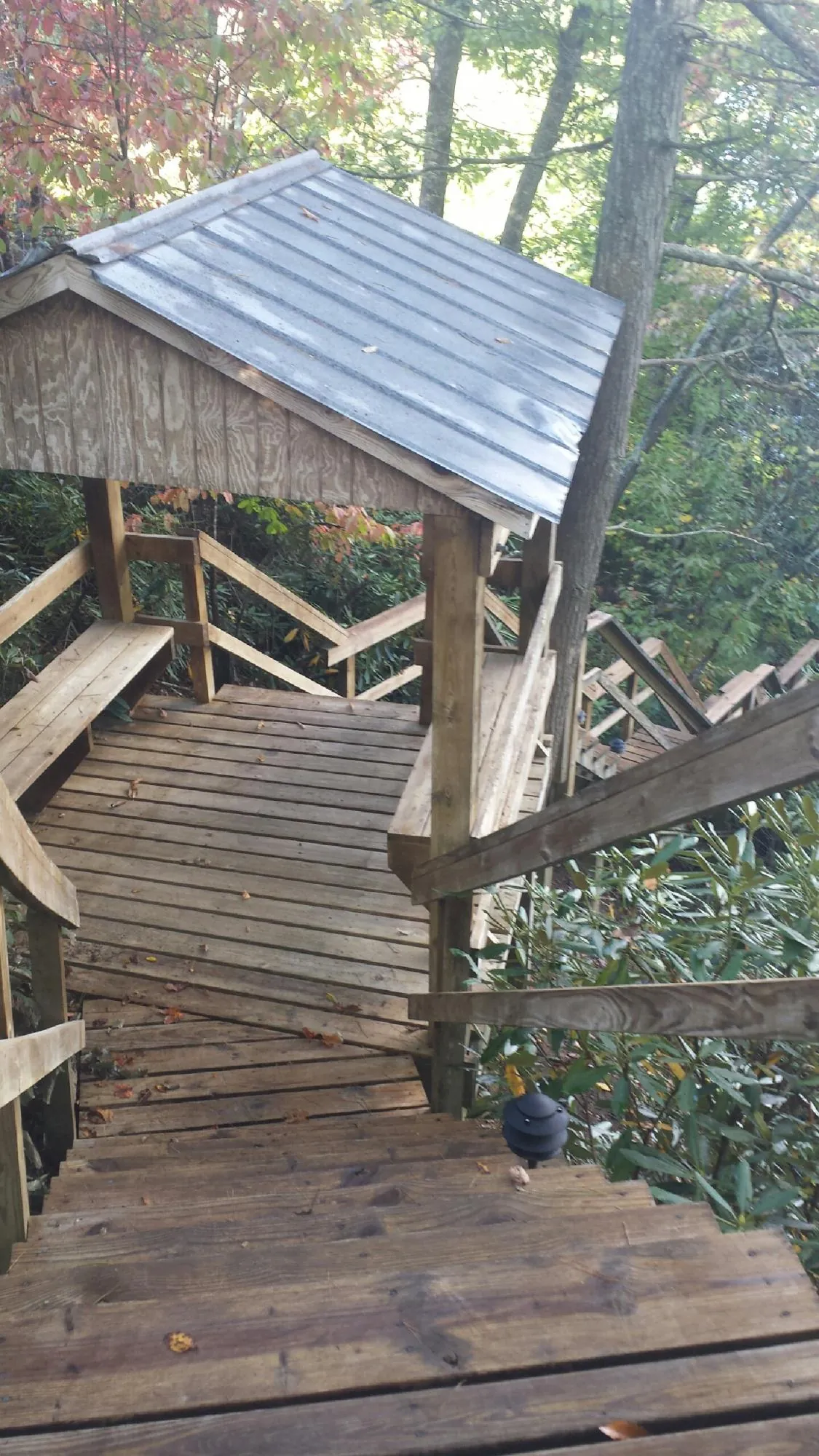 Metal roofed shelter over wooden steps on a wooded walkway — Skylight Repair & Installation work by our crew in Hagarville